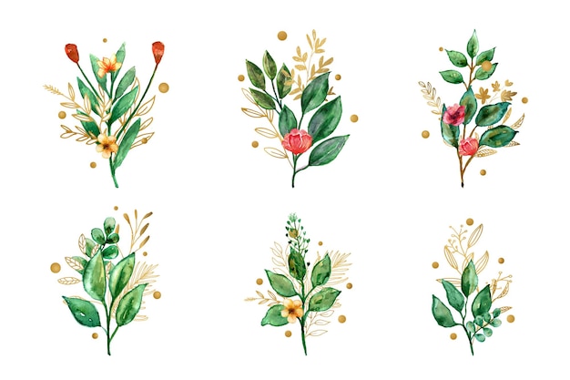 美しい花束の水彩画の葉と花のセット