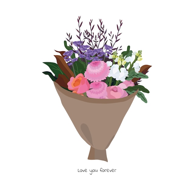 Красивый букет с садовыми цветами. цветочное украшение для подарка. векторные иллюстрации.