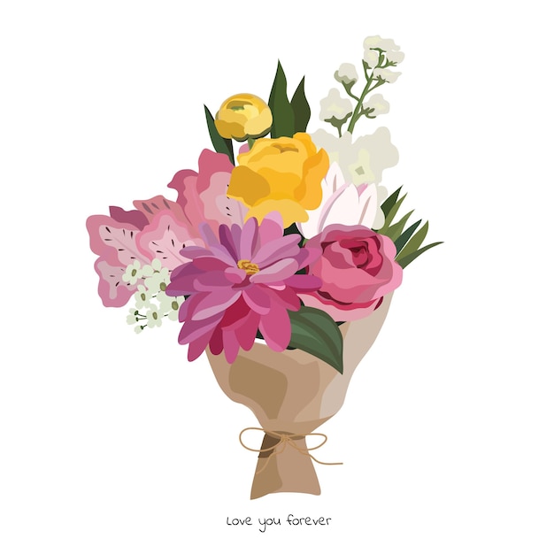 Beautiful bouquet with garden flowers. Floral decoration for gift. Vector Illustration.