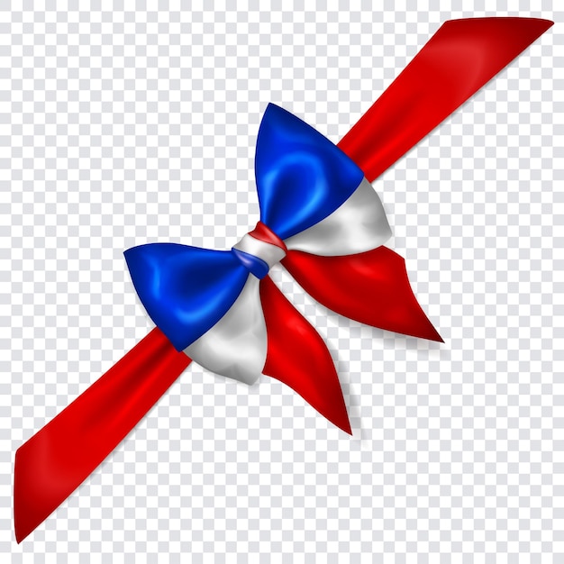 Beautiful bow in colors of France flag with diagonally ribbon with shadow on transparent background. Transparency only in vector format