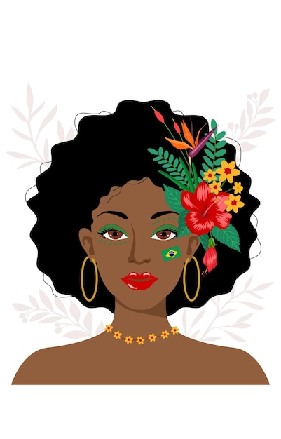 Vector beautiful brazilian woman with tropical flowers