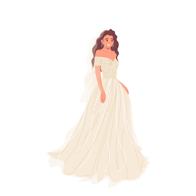 beautiful bride cartoon character wearing fashion elegant bridal dress isolated on white background