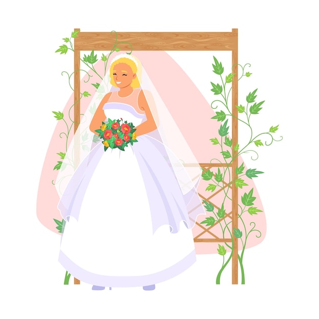 Vector beautiful bride at floral arch enjoying wedding ceremony photoset