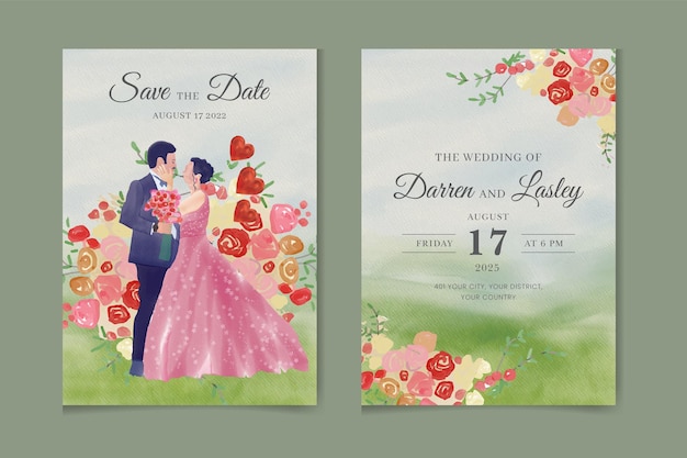 Beautiful Bride and groom wedding invitation of nature landscape with wedding gate view watercolor