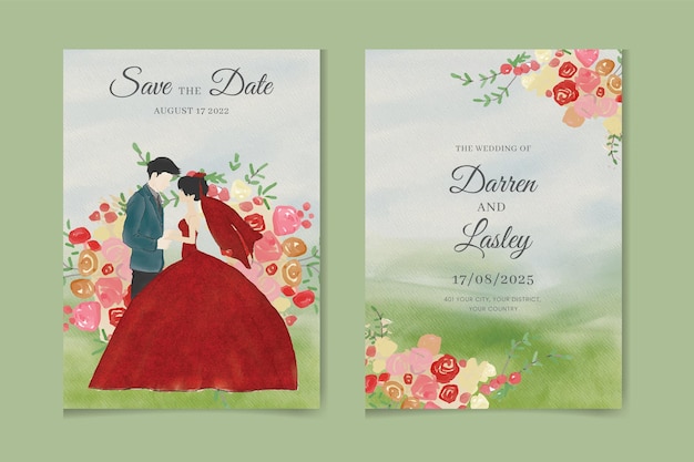 Beautiful Bride and groom wedding invitation of nature landscape with wedding gate view watercolor