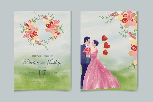 Beautiful Bride and groom wedding invitation of nature landscape with wedding gate view watercolor