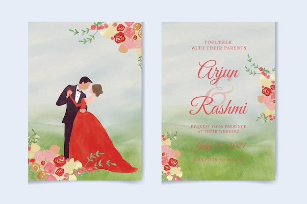 Beautiful bride and groom wedding invitation of nature landscape with wedding gate view watercolor