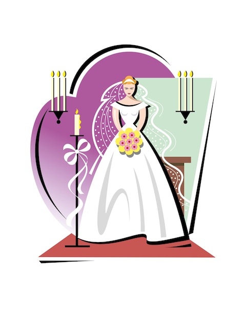 Beautiful bride in a white wedding dress with a bouquet of flowers Vector illustration.