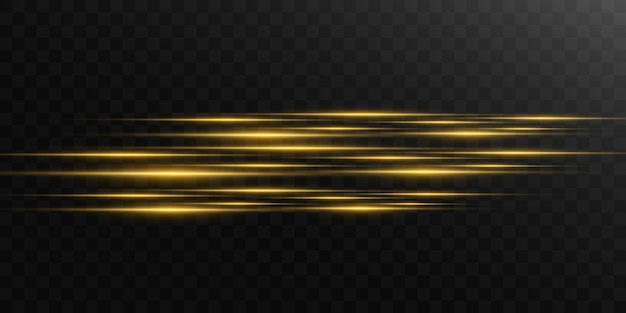 Vector beautiful bright horizontal flare. golden glare light stripes on a dark background. yellow rays.