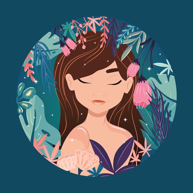 Vector beautiful brown haired girl with closed eyes surrounded by exotic plants in her own bubble colorful illustration vector