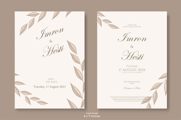 Beautiful brown watercolor leaves wedding invitation template premium vector