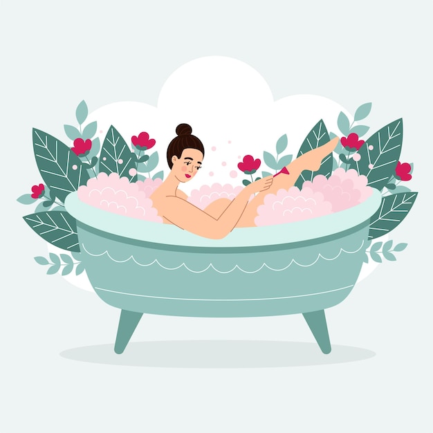 Vettore bella donna bruna nella vasca da bagno con schiuma rosa e fiori relax spa cura del corpo la ragazza si rade le gambe illustrazione vettoriale in stile piatto cartone animato