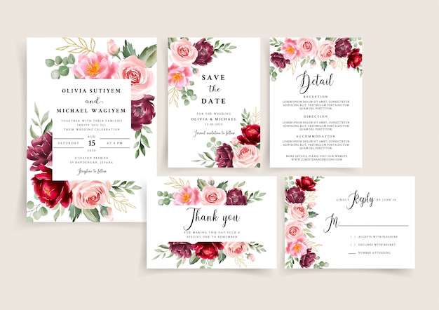 Beautiful burgundy and blush wedding invitation template set 