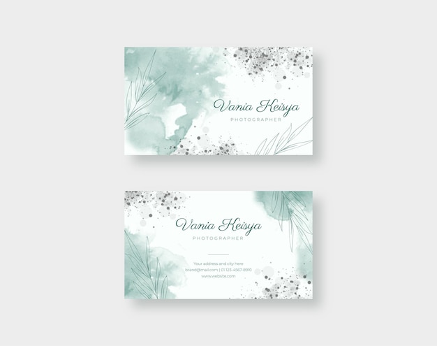 Beautiful business card template with green watercolor texture