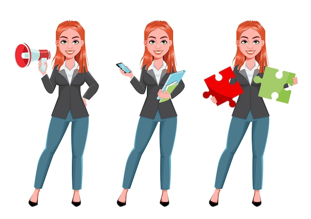 Vector beautiful business woman set of three poses