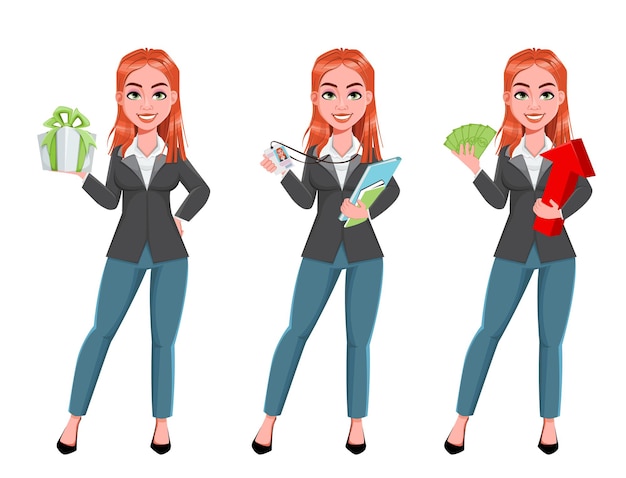 Vector beautiful business woman, set of three poses