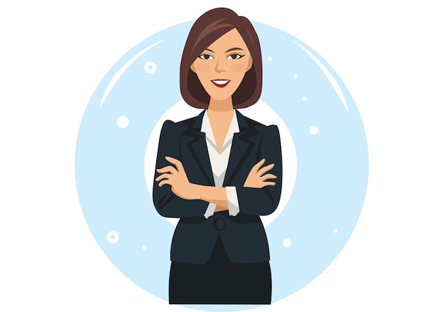 Vector beautiful business woman smiling business woman standing with hands clasped dark blue business wear