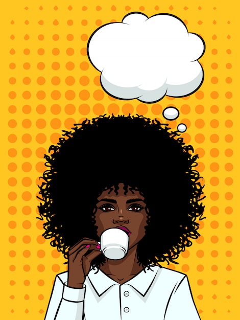 Vector beautiful business woman with dark skin drinking a coffee. afro american type girl with cup of coffee on background of pop art style. girls face with speech bubble and cup of tea in her hand.