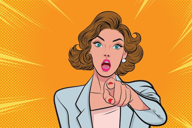 Beautiful businesswoman with open mouth and pointing finger at you vintage style pop art cartoon vector illustration