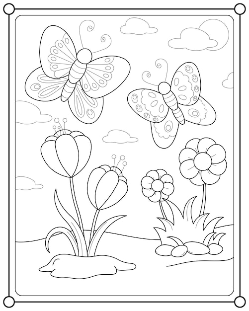 Beautiful butterflies and flowers in the garden suitable for children's coloring page vector illustr