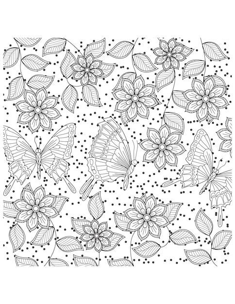 Beautiful butterfly and flower coloring pages and hand drawings for adults and children in zentangle