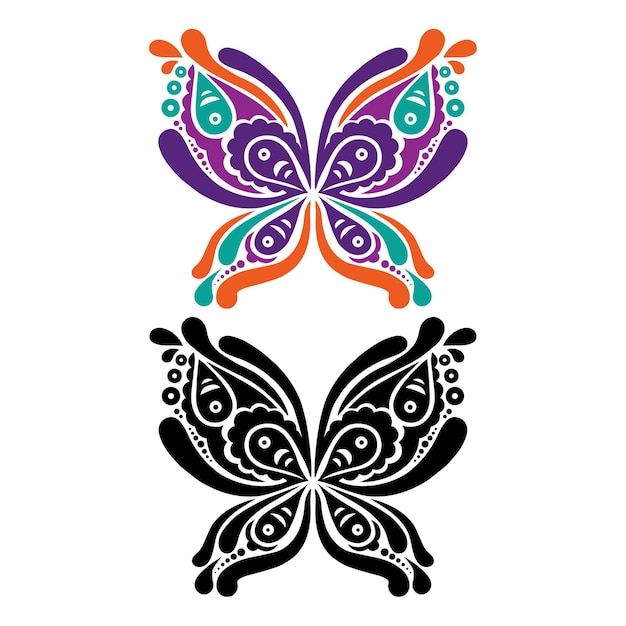 美しい蝶のタトゥー。蝶の形の芸術的なパターン。カラーと白黒バージョン