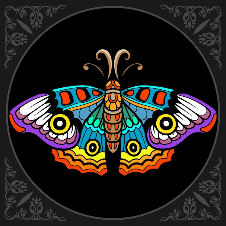 Vector 검은 배경에 고립 된 아름 다운 나비 zentangle 예술