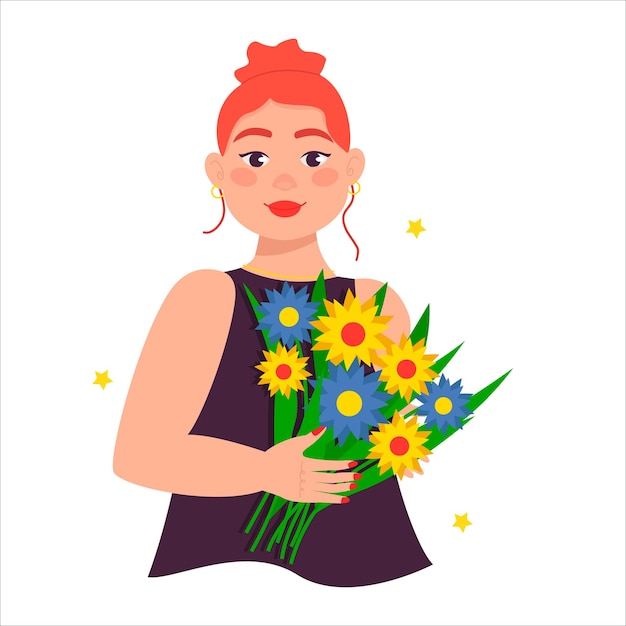 Vector beautiful buxom woman girl holds a bouquet of flowers in her hands with red hair pulled up