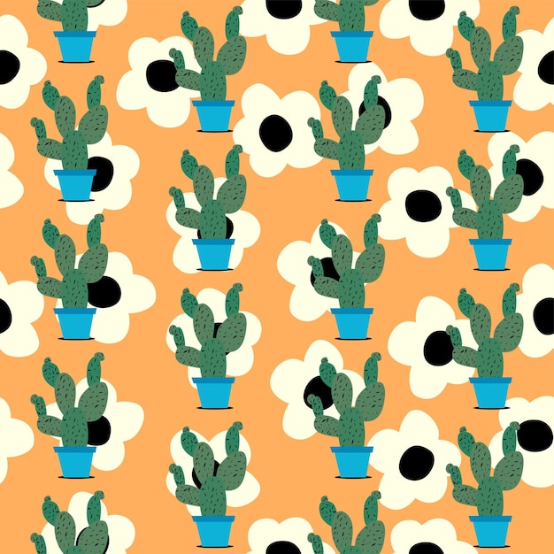 Beautiful Cactos And Flowers Background Pattern Seamless