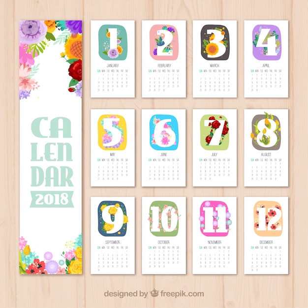 Vector beautiful calendar with colored flowers