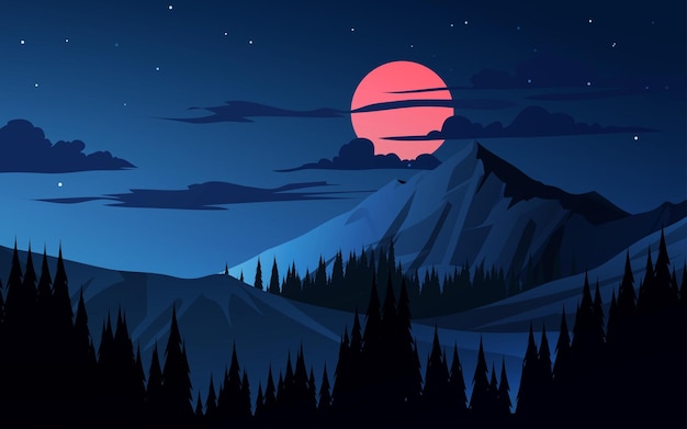 Vector beautiful calm night at mountain with moonlight