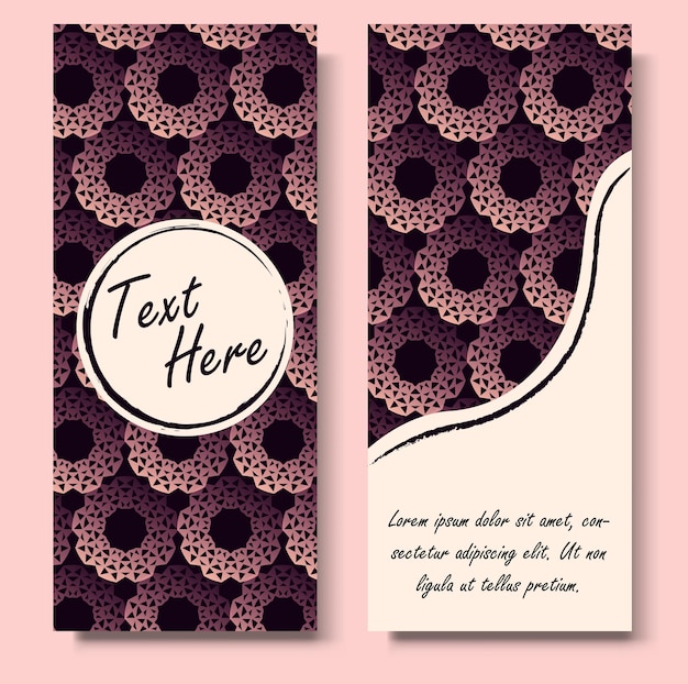 Beautiful card bookmark template with geometric flowers in pink and purple hues