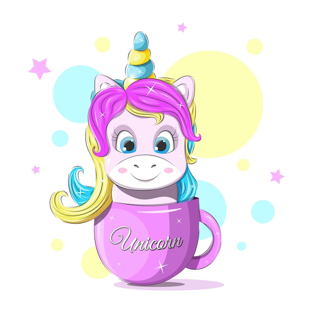 Beautiful card A cute and cheerful unicorn sits in a cup