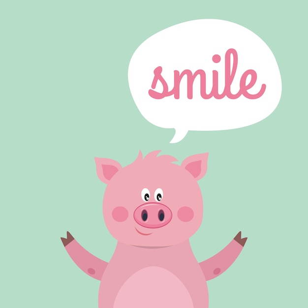 Beautiful card with cartoon pig and text cloud on blue background Vector banner in flat style
