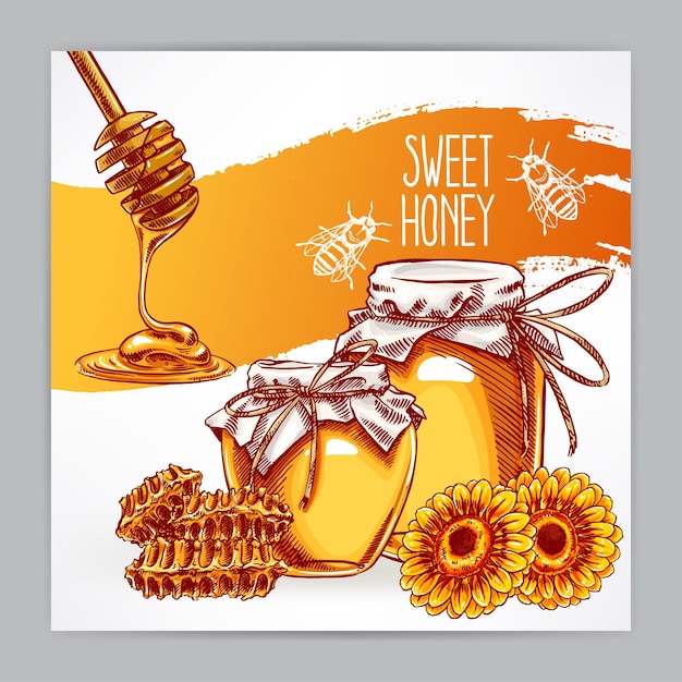 Beautiful card with honey. jars of honey, bees, honeycomb. hand-drawn illustration