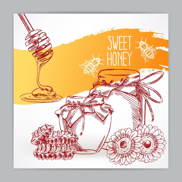 꿀과 함께 아름 다운 카드입니다. 꿀 항아리, 꿀벌, 벌집. 손으로 그린 그림 - 2