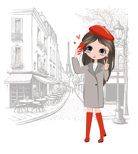 beautiful cartoon girl in Paris taking selfie