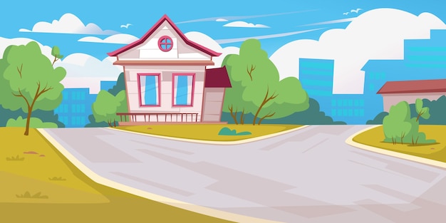 beautiful cartoon house on the background of the city summer day banner with place for inscription