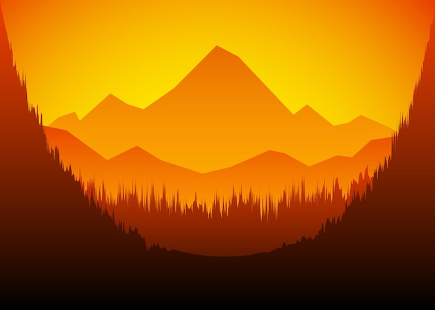 Vector beautiful cartoon landscape huge mountain with sunset orange color