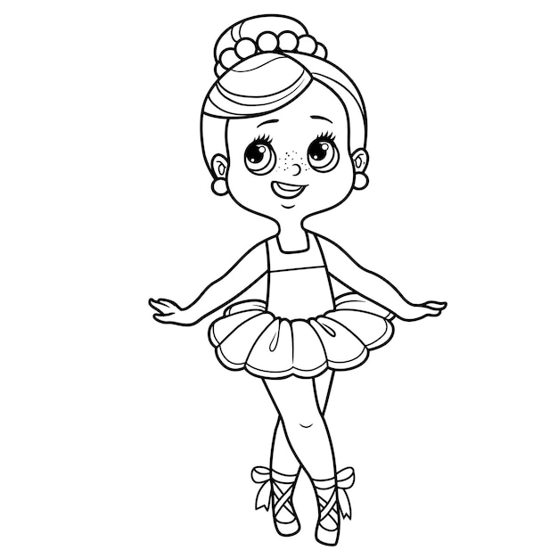 Beautiful cartoon little ballerina girl on toes in pointe outlined for coloring isolated on a white background