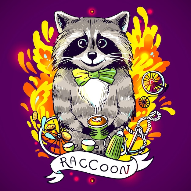 Premium Vector | Beautiful cartoon poster raccoon drinks black tea