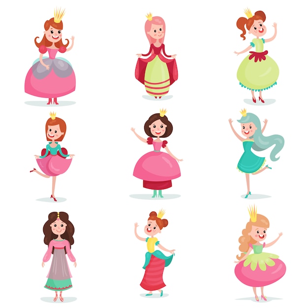 Belle ragazze principessa dei cartoni animati in un abito da ballo e corona set, illustrazioni colorate di personaggi dei cartoni animati carino