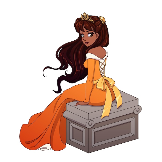 Beautiful cartoon princess wearing orange ball dress sitting on stone bench