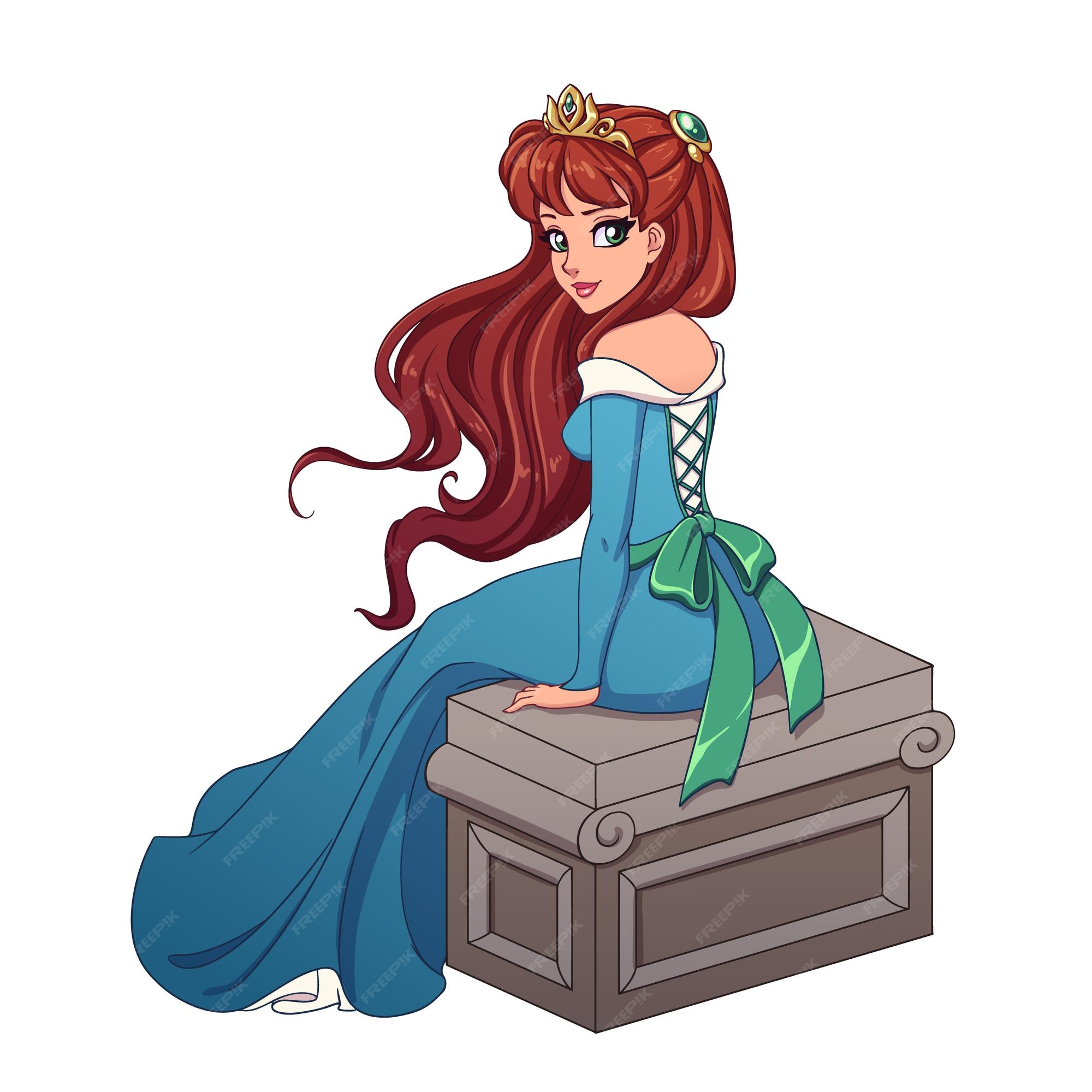 Premium Vector | Beautiful cartoon princess with red hair wearing blue ball dress sitting on stone bench. Premium Vector | Beautiful cartoon princess with red hair wearing blue ball dress sitting on stone bench.