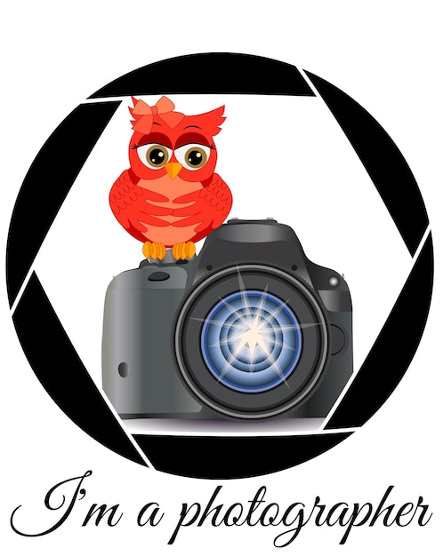 Vector beautiful cartoon red owl sits on the button start the camera in the frame of the camera's aperture concept photography vocations photo business