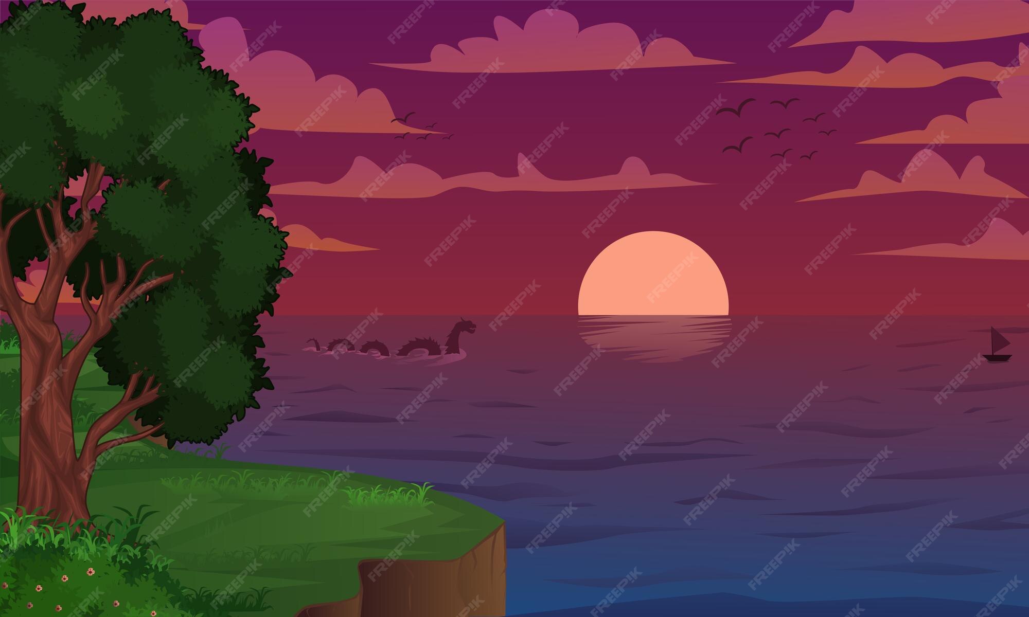 Premium Vector | Beautiful cartoon scenery illustration of cliffs and sea  at dusk for background wallpaper