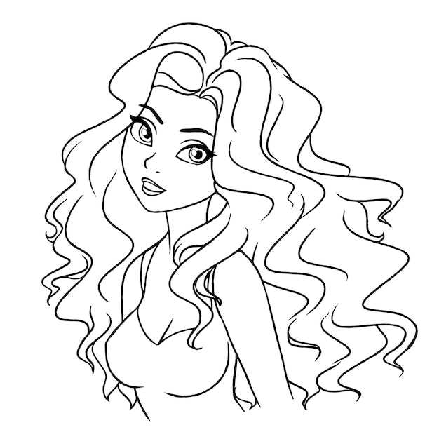 Beautiful cartoon smiling girl portrait. Long hair, big eyes. Outline art for coloring book.