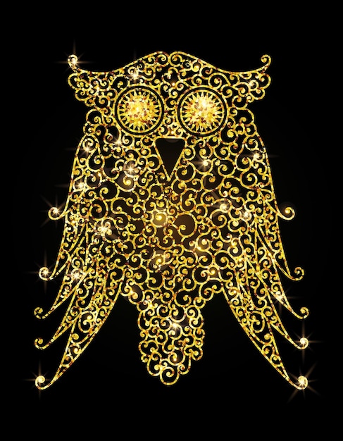 Vector beautiful carved owl with golden sparkles on a black background