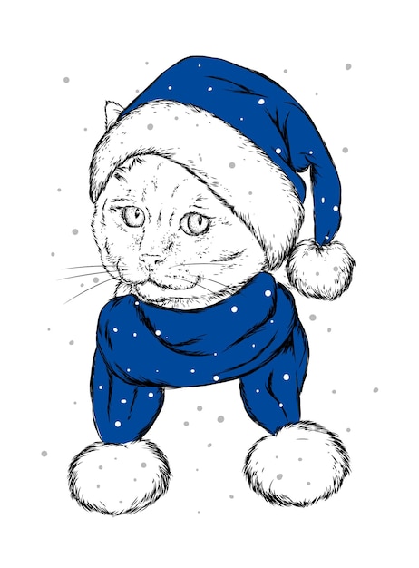 Vector beautiful cat in christmas hat new year holiday and santa claus