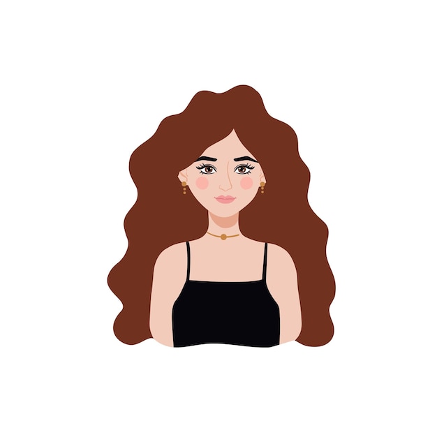 Vector beautiful caucasian girl with brown hair wearing fancy black dress woman illustration isolated